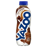 Yazoo - Chocolate Milk Drink - 400ml comes in a bottle with a blue cap and chocolate swirl graphics, highlighting its creamy taste and "I'm high in protein" benefit for a delicious boost.